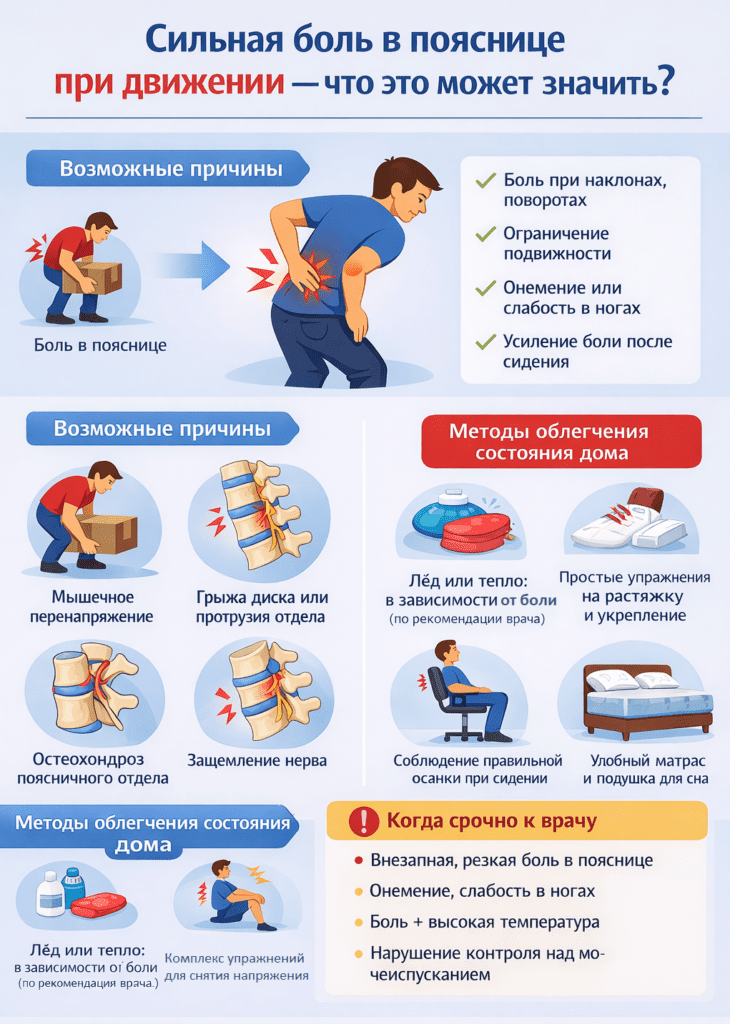 Инфографика о сильной боли в пояснице при движении: симптомы, возможные причины, методы облегчения состояния дома, когда срочно обращаться к врачу. Иконки показывают мышечное перенапряжение, грыжу диска, остеохондроз, защемление нерва, упражнения, лёд/тепло, осанку и матрас. Источники: ВОЗ, PubMed, Mayo Clinic.