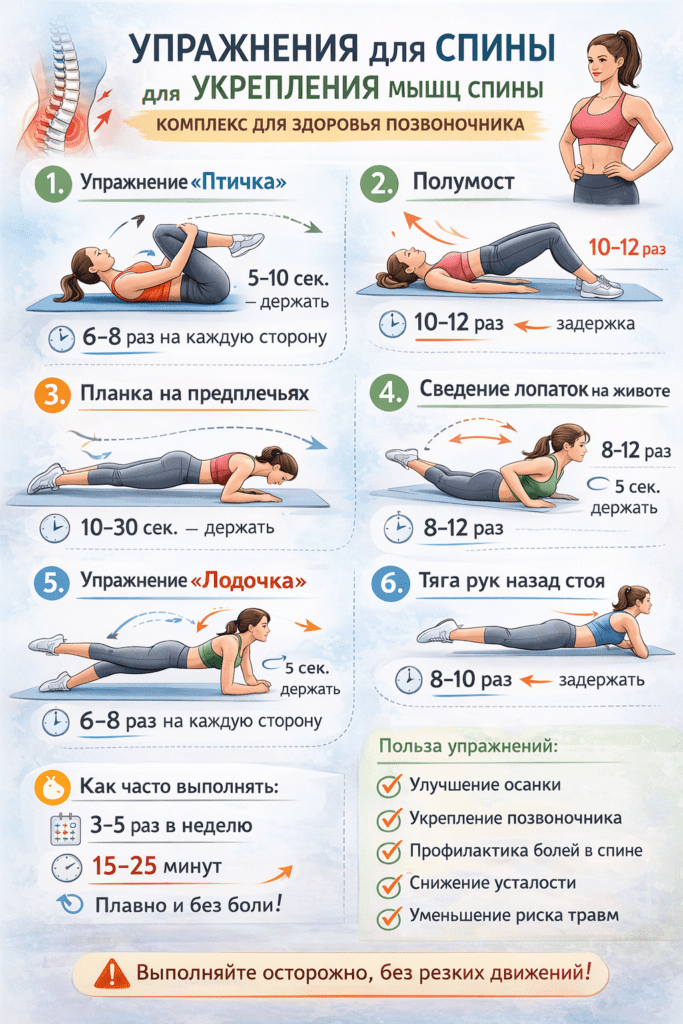 Инфографика с безопасными упражнениями для укрепления мышц спины: планка на предплечьях, полумост, упражнение «птичка», сведение лопаток лёжа на животе, упражнение «лодочка» и тяга рук назад стоя, направленные на формирование сильного мышечного корсета и профилактику боли в позвоночнике.