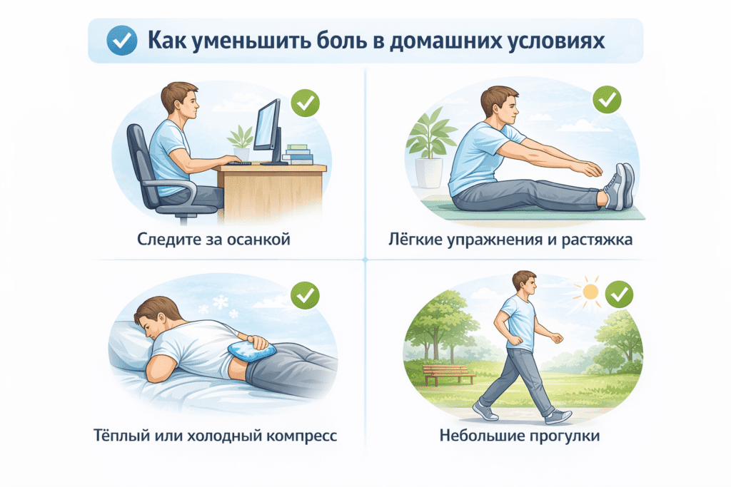 Инфографика показывает, как уменьшить боль в домашних условиях: Держите спину в правильной осанке при сидении и ходьбе, Лёгкие растяжки и упражнения для мышц спины, Тёплые компрессы или холодные пакеты для уменьшения воспаления, Короткие прогулки и умеренная активность
