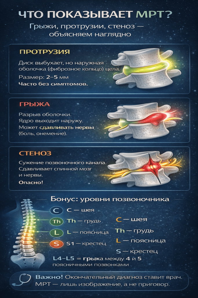 медицинская инфографика «Что показывает МРТ? Грыжи, протрузии, стеноз — объясняем наглядно». В верхней части расположен заголовок и три схематических изображения позвонков с межпозвоночным диском, показывающие различия патологий.
Первый блок — «Протрузия»: межпозвоночный диск равномерно выбухает за пределы позвонков, но наружная оболочка (фиброзное кольцо) остаётся целой; размер обычно 2–5 мм и часто не вызывает симптомов.
Второй блок — «Грыжа»: показан разрыв фиброзного кольца, через который часть ядра диска выпячивается наружу и может сдавливать нервные корешки, вызывая боль или онемение.
Третий блок — «Стеноз»: изображено сужение позвоночного канала между позвонками, которое приводит к сдавлению спинного мозга и нервов.
Ниже расположен справочный раздел «Бонус: уровни позвоночника» с цветной схемой позвоночного столба и обозначением отделов: C — шейный, Th — грудной, L — поясничный, S — крестцовый, а также пример записи уровня поражения L4–L5.
Внизу предупреждение: «Важно! Окончательный диагноз ставит врач. МРТ — лишь изображение, а не приговор»