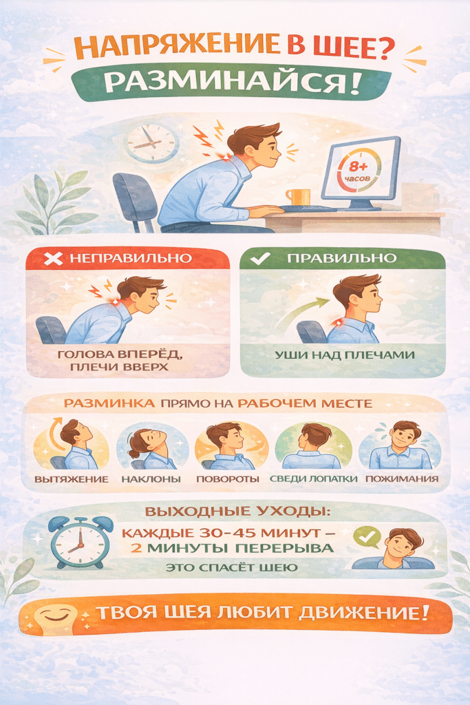 Инфографика «Напряжение в шее? Разминайся!» — показано, как длительная сидячая работа с выдвинутой вперёд головой вызывает напряжение в мышцах шеи. Сравнивается неправильная поза за компьютером и правильная осанка, а также представлены упражнения для рабочего места: вытяжение шеи, наклоны, повороты головы, сведение лопаток и пожимания плечами. Дополнительно указано правило делать перерыв на 2 минуты каждые 30–45 минут и советы для расслабления — тепло, самомассаж и правильная подушка.