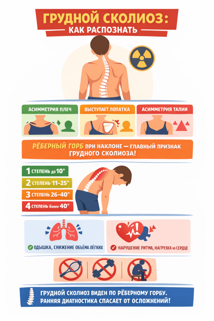 инфографика на тему «Грудной сколиоз: как распознать». В верхней части крупный заголовок и изображение человека со спины с выраженным искривлением позвоночника в грудном отделе, заметна асимметрия плеч и лопаток.
Ниже три блока с внешними признаками: асимметрия плеч (одно плечо выше другого), выступающая лопатка и асимметрия талии (разные «треугольники талии»).
В центральной части крупный акцентный блок: человек наклонён вперёд, на спине с одной стороны выделен рёберный горб. Подпись подчёркивает: «Рёберный горб при наклоне — главный признак грудного сколиоза».
Рядом представлена шкала степеней сколиоза: 1 степень до 10° (зелёный), 2 степень 11–25° (жёлтый), 3 степень 26–40° (оранжевый), 4 степень более 40° (красный).
Ниже блок последствий: лёгкие (одышка, снижение объёма лёгких) и сердце (нарушение ритма, повышенная нагрузка).
Отдельный блок с запретами: асимметричный спорт (например, теннис), поднятие тяжестей и длительное сидение в согнутой позе — все отмечены перечёркнутыми иконками.
В нижней части итоговая плашка: «Грудной сколиоз виден по рёберному горбу. Ранняя диагностика спасает от осложнений!».
