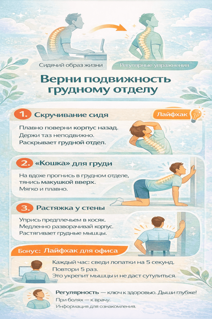 инфографика о упражнениях для грудного отдела позвоночника, исправлении осанки и снятии скованности.
В верхней части показана пара силуэтов людей: слева человек с сутулой спиной и головой вперед («Сидячий образ жизни»), справа человек с прямой спиной, расправленными плечами и лопатками сведены («Регулярные упражнения»). Между ними оранжевая стрелка, заголовок: «Верни подвижность грудному отделу».
Средняя часть демонстрирует три ключевых упражнения:
«Скручивание сидя» — человек сидит на стуле, руки в замок за головой, поворачивает корпус назад, таз неподвижен.
«Кошка для груди» — человек на четвереньках, прогиб грудного отдела, макушка вверх, мягкое растяжение.
«Растяжка у стены» — человек боком к стене, упирается предплечьем и медленно разворачивает корпус для растяжки грудных мышц.
Ниже — «Бонус: Лайфхак для офиса»: человек за столом сводит лопатки на 5 секунд, повтор 5 раз.
Внизу — предупреждение и рекомендации: иконка человека с прямой спиной, текст: «Регулярность — ключ к здоровью. Дыши глубже! При болях — к врачу. Информация для ознакомления».