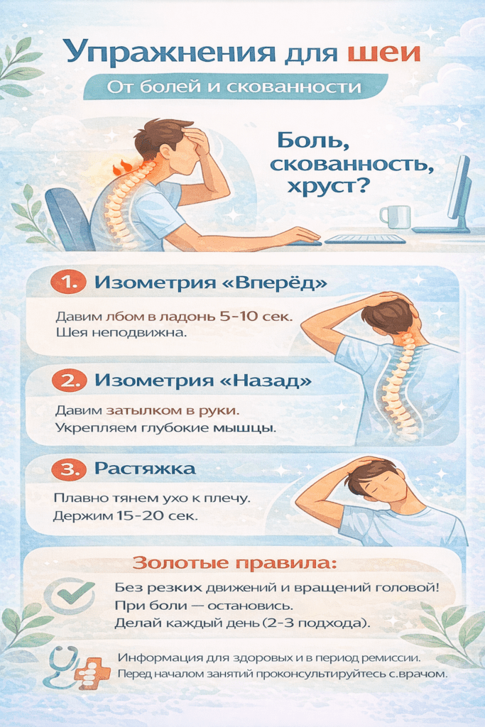 инфографика о упражнениях для шейного отдела позвоночника и снятия боли. Вверху изображён человек, сидящий за компьютером с выдвинутой головой и сведёнными плечами; возле шеи красная точка боли с подписью «Боль, скованность, хруст?». В средней части три блока упражнений: 1) изометрия «Вперед» — человек давит лбом в ладонь, шея неподвижна; 2) изометрия «Назад» — затылок давит в руки, укрепление глубоких мышц; 3) растяжка — аккуратно тянем ухо к плечу, держим 15–20 секунд. Нижняя часть: золотые правила на бледно-оранжевом фоне с галочкой — без резких движений, при боли остановись, выполнять ежедневно 2–3 подхода. Внизу небольшая иконка стетоскопа и текст: «Информация для здоровых и в период ремиссии. Перед началом занятий проконсультируйтесь с врачом».