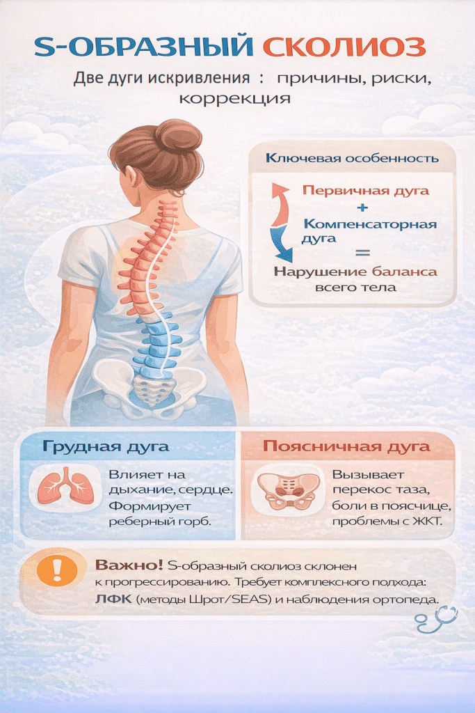 медицинская инфографика «S-образный сколиоз: две дуги искривления». В центре изображён торс человека со спины с выделенным позвоночником, который изгибается в форме буквы S: грудной отдел отклоняется вправо, а поясничный — влево. Показана лёгкая асимметрия плеч и лопаток.
Справа расположен блок «Ключевая особенность» с пояснением, что S-образный сколиоз состоит из первичной и компенсаторной дуги, которые нарушают баланс всего тела.
Ниже инфографика разделена на две части:
— «Грудная дуга» — может влиять на дыхание и сердце и формировать рёберный горб.
— «Поясничная дуга» — приводит к перекосу таза, болям в пояснице и возможным проблемам с пищеварением.
В нижней части размещено предупреждение, что S-образный сколиоз склонен к прогрессированию и требует комплексного лечения: лечебной физкультуры (методы Шрот или SEAS) и наблюдения у ортопеда.