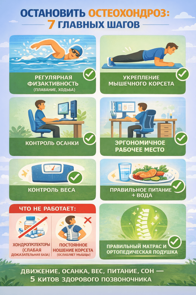 Инфографика о том, как остановить прогрессирование остеохондроза: 7 ключевых шагов, включая физическую активность, укрепление мышц, контроль осанки и правильный сон. Показаны эффективные привычки и распространённые ошибки, которые мешают восстановлению позвоночника.