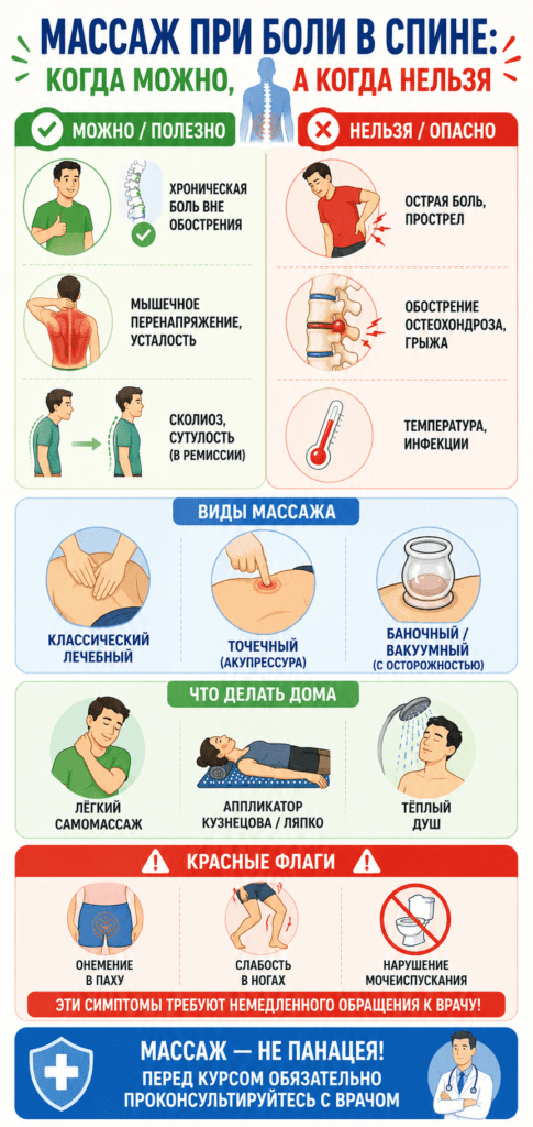 Инфографика о массаже при болях в спине: показано, когда массаж полезен при хронической боли и мышечном напряжении, а когда противопоказан — при острой боли, грыже и температуре. Также представлены виды массажа, домашние методы облегчения состояния и опасные симптомы, требующие срочного обращения к врачу.