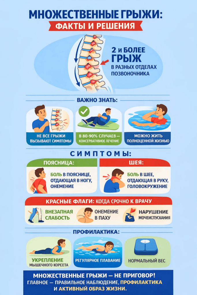 Инфографика о множественных грыжах позвоночника: показано, что грыжи могут быть в разных отделах (шейном и поясничном), но не всегда вызывают симптомы и чаще лечатся без операции. Описаны основные симптомы, тревожные признаки и методы профилактики, включая ЛФК, плавание и контроль веса.