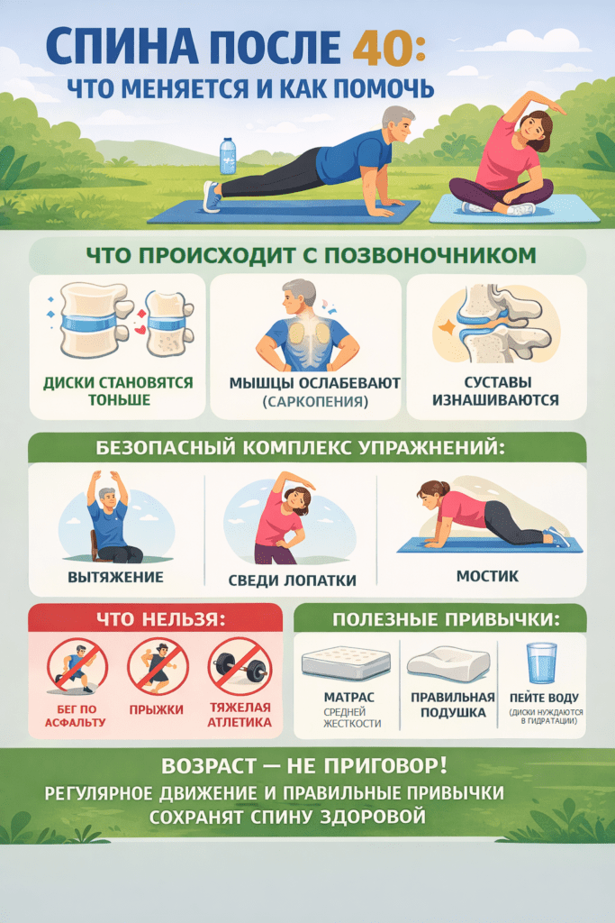 Упражнения для спины после 40 лет: инфографика о возрастных изменениях позвоночника, безопасных упражнениях и полезных привычках для поддержания здоровья спины. Показаны комплекс ЛФК, ограничения нагрузок и рекомендации по матрасу, подушке и гидратации дисков.