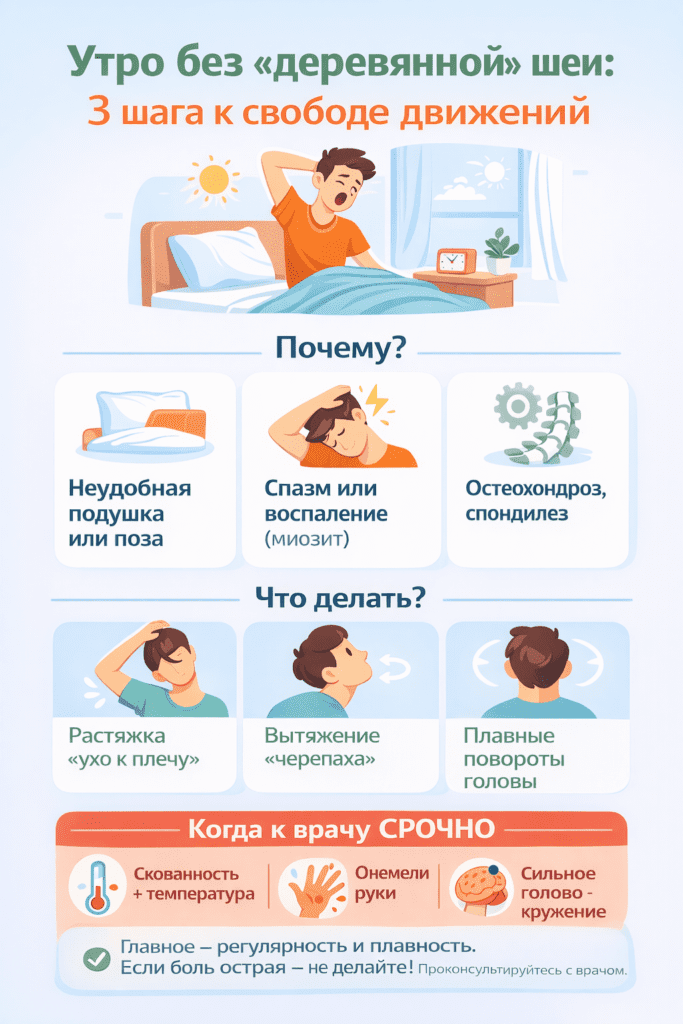 Инфографика объясняет причины утренней скованности в шее и показывает три простых упражнения для улучшения подвижности. Отдельно выделены тревожные симптомы, при которых нужно срочно обратиться к врачу. Внизу дано напоминание о важности плавности движений и необходимости консультации специалиста при боли.