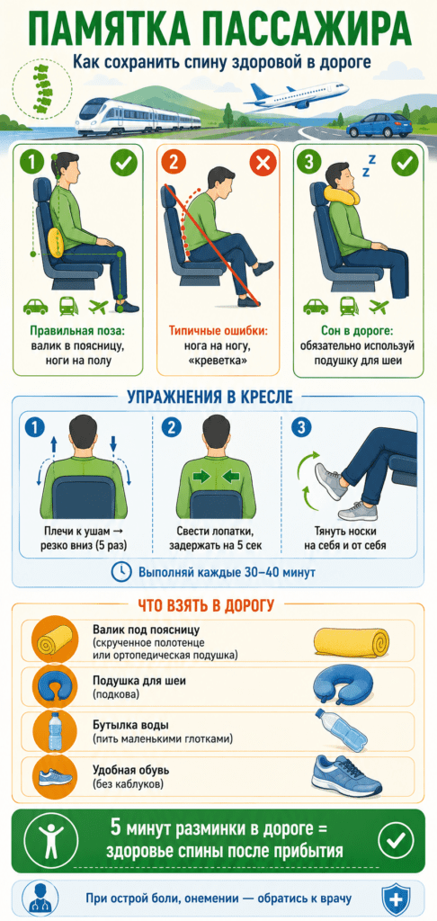 Инфографика-памятка для пассажиров о том, как сохранить здоровье спины в дороге. Показаны правильная и неправильная посадка в кресле, рекомендации для сна в транспорте, простые упражнения во время поездки и список полезных вещей: поясничный валик, подушка для шеи, вода и удобная обувь.