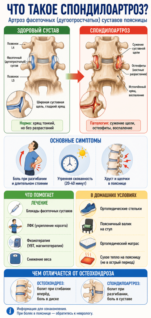 Инфографика о спондилоартрозе поясничного отдела позвоночника: сравнение здорового фасеточного сустава и артроза, основные симптомы — боль при разгибании, скованность и хруст в пояснице. Также показаны методы лечения, домашние рекомендации и отличия спондилоартроза от остеохондроза.