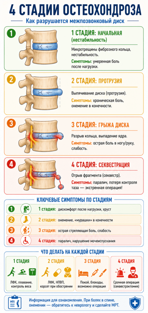 Инфографика показывает четыре стадии остеохондроза: от здорового межпозвонкового диска и начальных изменений до протрузии, грыжи и секвестрации. Также представлены основные симптомы каждой стадии и рекомендации по лечению, с акцентом на опасность поздних осложнений.