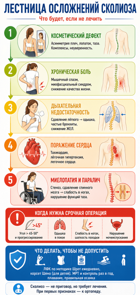 Инфографика «Лестница осложнений сколиоза». На светлом фоне показано поэтапное прогрессирование болезни — от лёгких нарушений осанки до тяжёлых осложнений. Ниже размещён красный блок с признаками, когда требуется срочная операция, и синий блок с профилактикой: ЛФК по Шрот, корсет Шено, плавание и контроль осанки.
