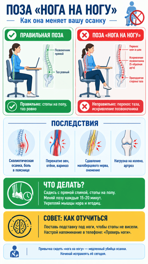 Инфографика о влиянии позы «нога на ногу» на осанку: показано, как длительное скрещивание ног может приводить к перекосу таза, нарушению положения позвоночника и дополнительной нагрузке на суставы. Также даны рекомендации по правильной позе сидя и профилактике дискомфорта в спине.