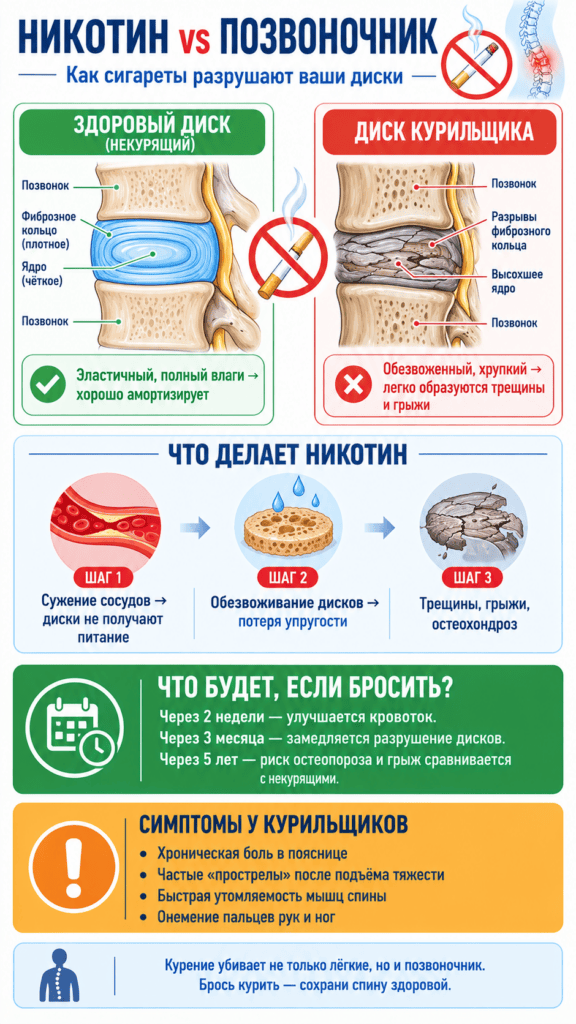 Инфографика о влиянии курения и никотина на позвоночник: сравниваются здоровый межпозвонковый диск и повреждённый диск курильщика, показаны обезвоживание, трещины и риск грыжи. Также объясняется, как отказ от курения помогает замедлить разрушение дисков и сохранить здоровье позвоночника.